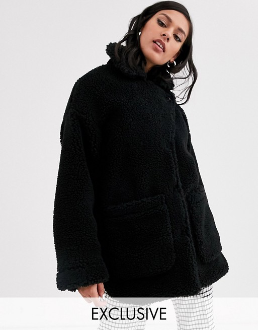 Monki longline teddy jacket with oversized pockets in black