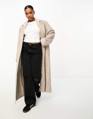 Monki Longline Textured Coat In Beige-gray