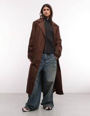 Monki Longline Trench Coat In Brown