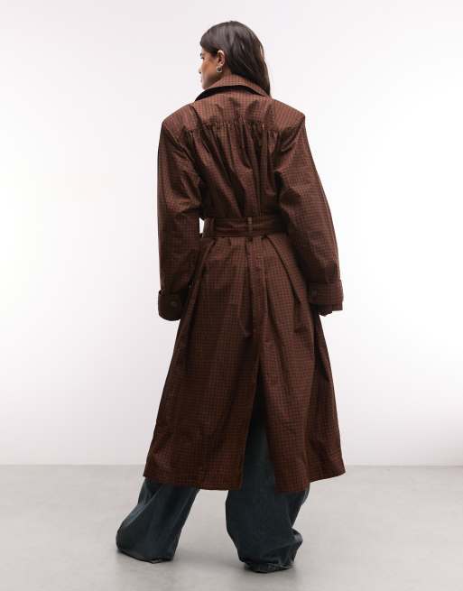 Monki Longline-Trenchcoat mit braunem Karomuster, 2 von 4