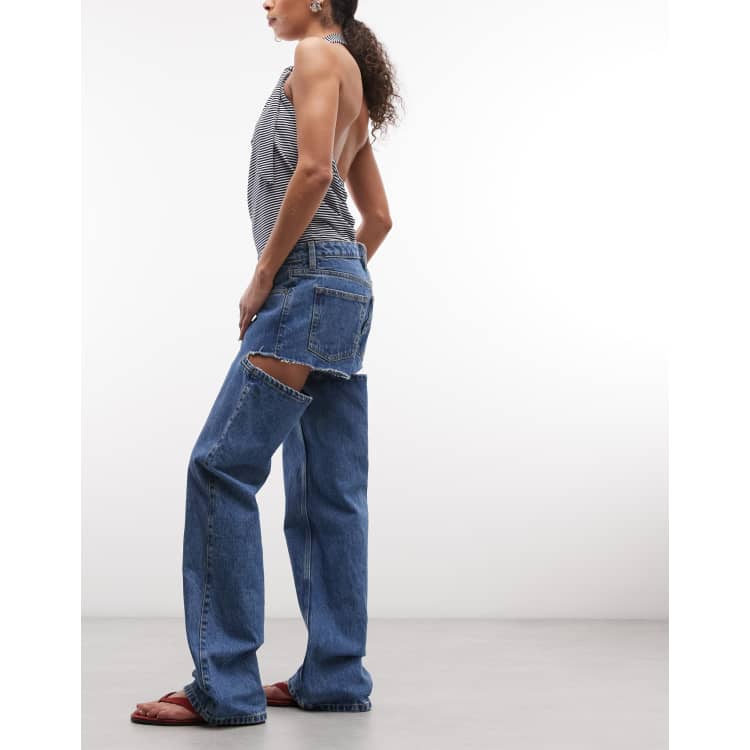 Monki loose fit cut-out festival jeans in washed denim | ASOS