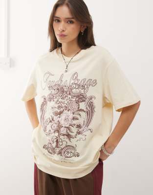 Monki Loose Fit Floral Graphic T-shirt In Neutral