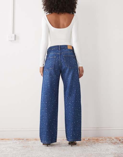 Monki loose fit hotfix embellished jeans in dark denim blue, 2 of 5