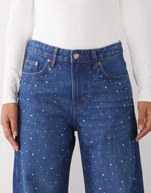 Monki - Loose fit jeans met siersteentjes in donker denimblauw, 4 van 5
