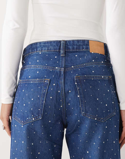 Monki - Loose fit jeans met siersteentjes in donker denimblauw, 5 van 5