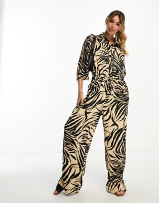 Monki loose fit jumpsuit in beige zebra print