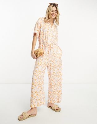 Monki loose fit jumpsuit in lilac and orange blur print