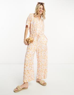 Monki Loose Fit Jumpsuit In Lilac And Orange Blur Print-multi