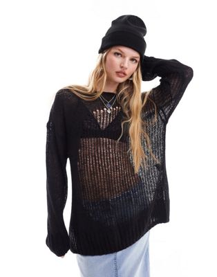 Monki loose textured knitted sweater with sheer panel in black