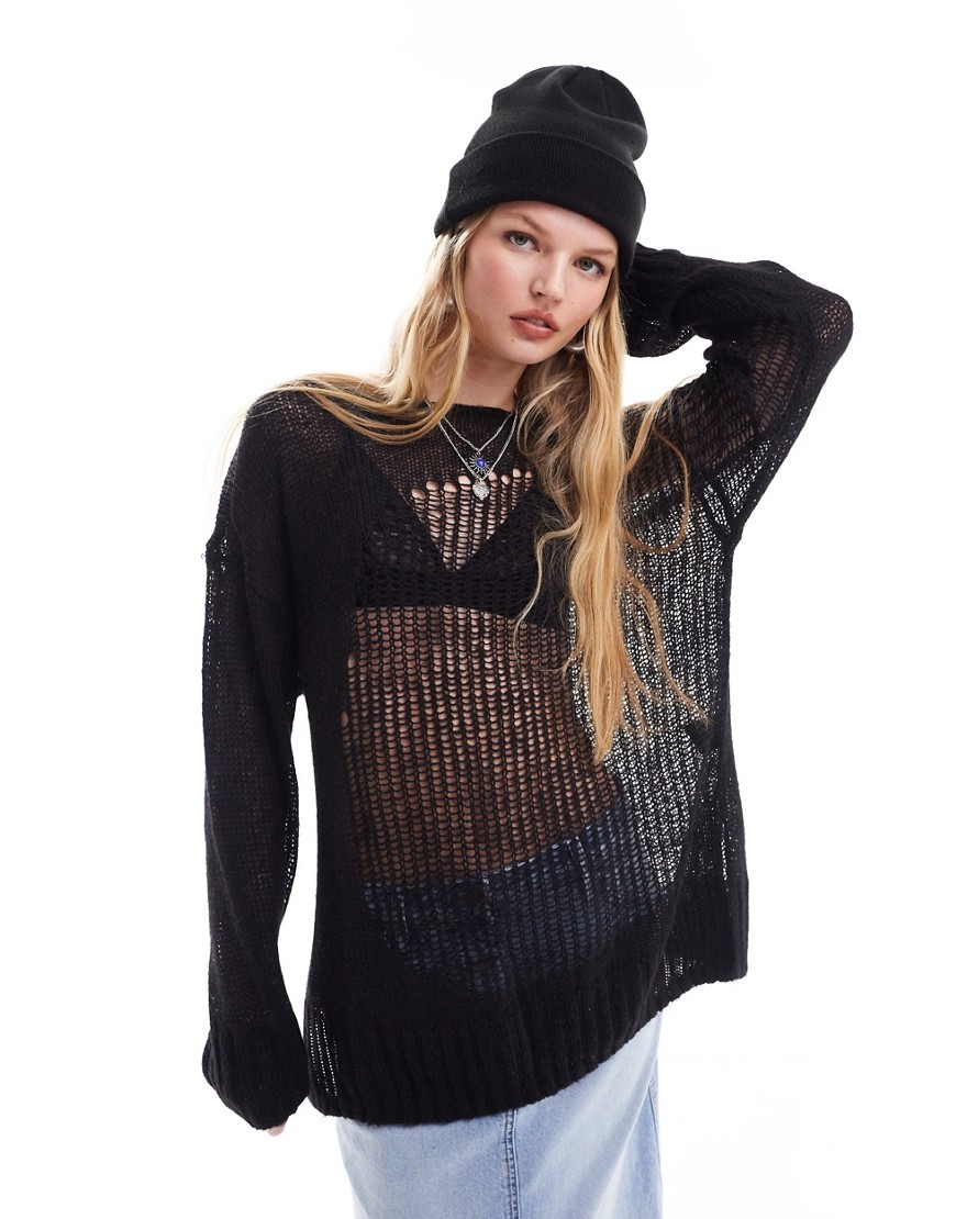 Monki loose textured knitted sweater with sheer panel in black