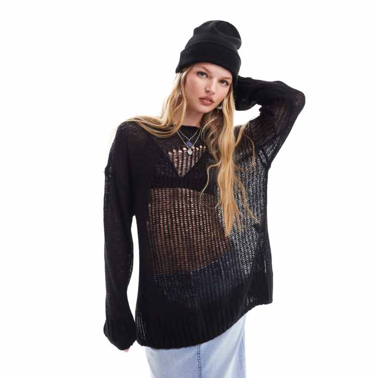Monki loose textured knitted sweater with sheer panel in black | ASOS