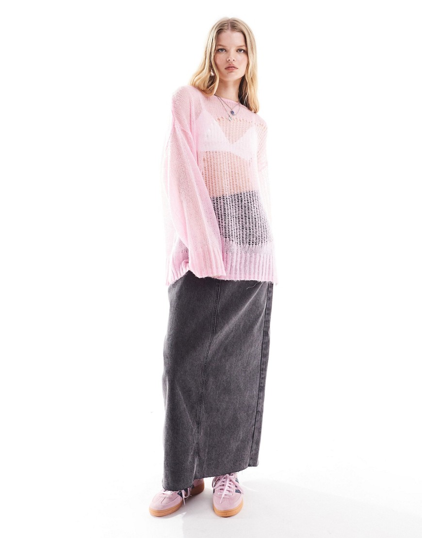 Monki loose textured knitted sweater with sheer panel in pink