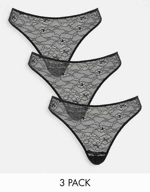 Monki - Lot de 3 strings en dentelle - Noir