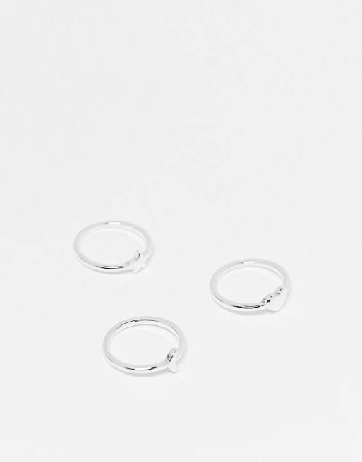 Monki - Lot de 3 bagues à motif étoile, lune et cœur - Argenté