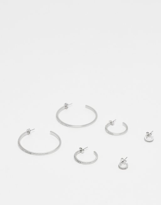 Monki - Lot de 3 paires de créoles à cristaux de taille variée - Argenté