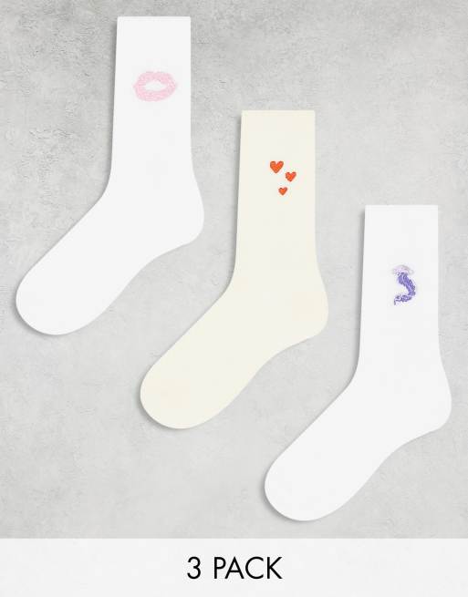 Monki - Lot de 3 paires de socquettes à motifs brodés multicolores - Blanc