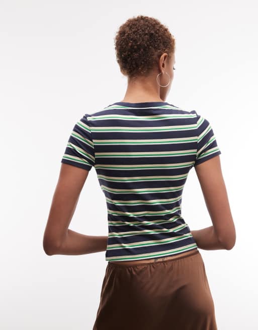 Monki Louie slim fit baby tee in navy and green stripe - NAVY, 2 of 4