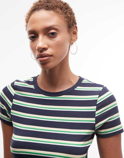 Monki Louie slim fit baby tee in navy and green stripe