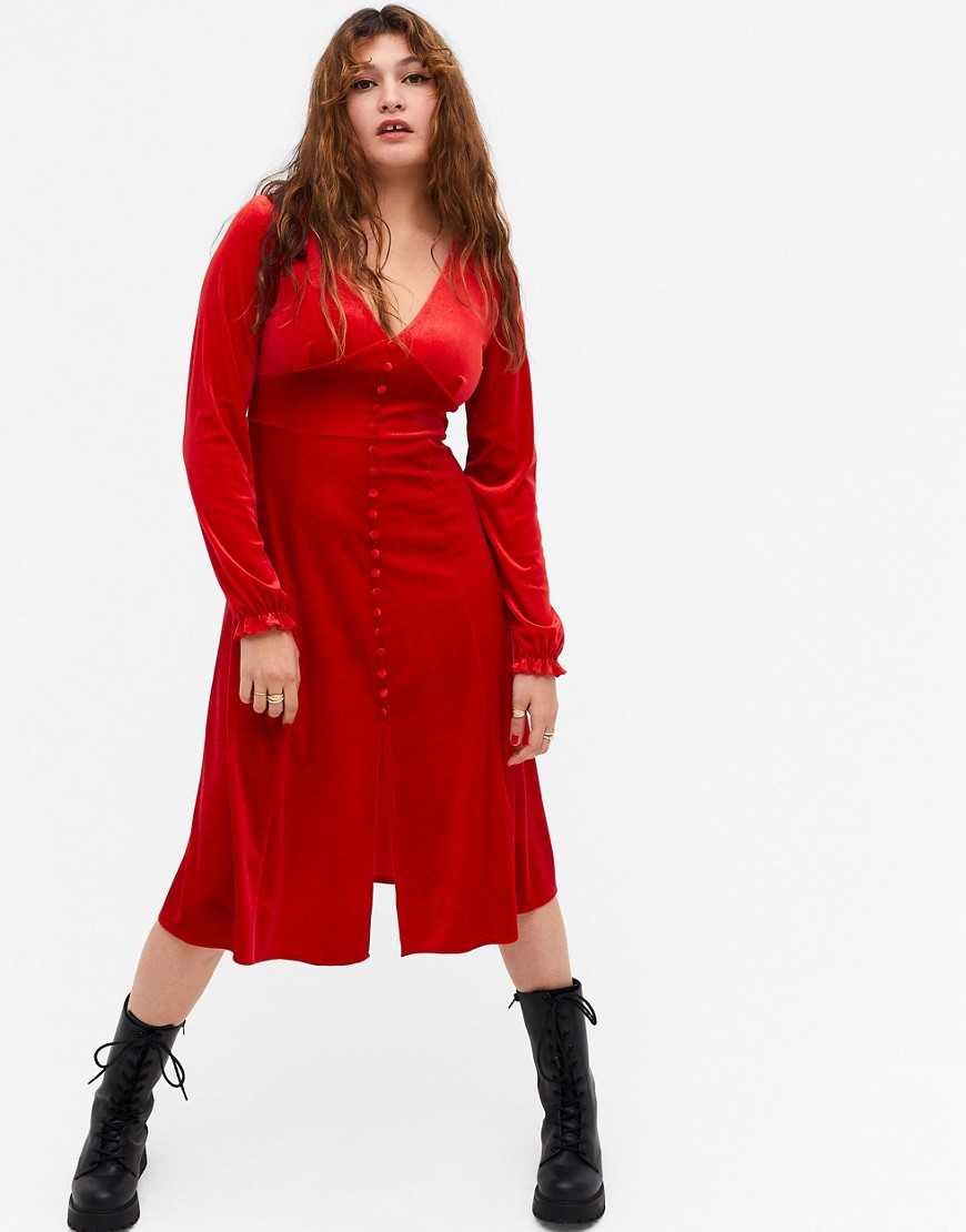 Monki Louisa long sleeve velvet midi dress in red