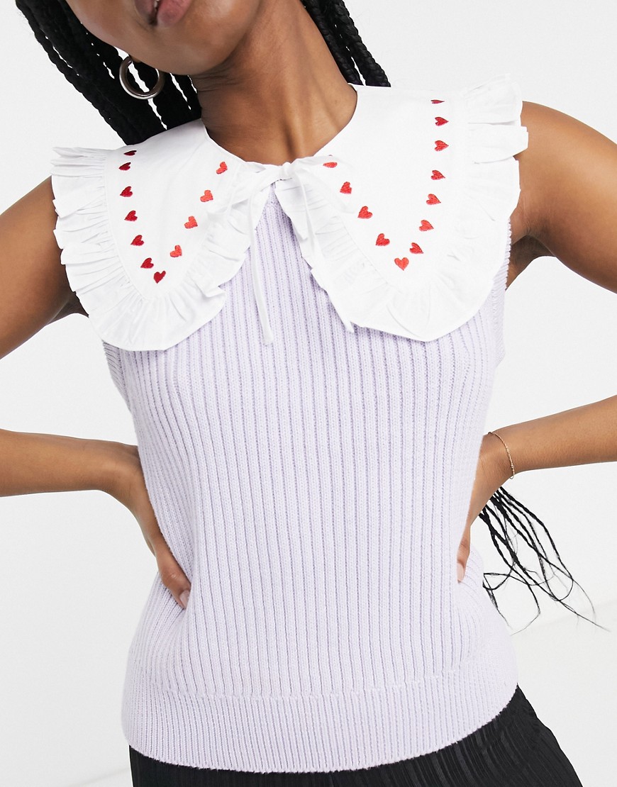 Monki Love collar with embroidered hearts in white