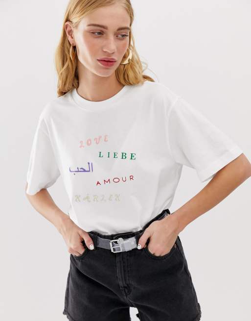 Monki Love embroidery organic cotton t-shirt in white