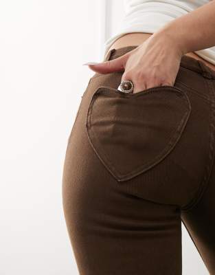 Monki Low Rise Flare Pants With Heart Details In Brown