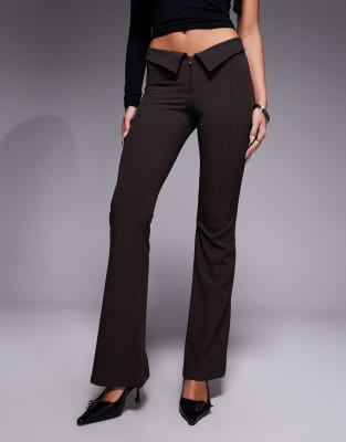 Monki Low Rise Flared Pants With Fold Down Waist Detail In Brown
