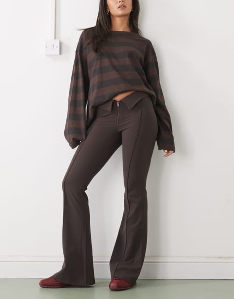 Monki low rise flared trousers with fold down waist detail in dark chocolate brown