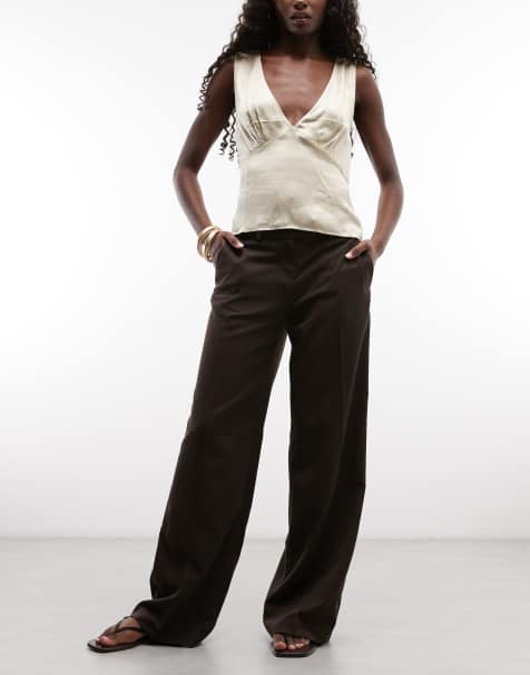 Monki low rise straight leg trousers in dark brown - view 1