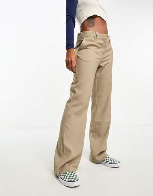 Monki low rise straight leg trousers in taupe melange