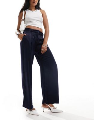 Monki low waist satin tailored trousers in navy blue