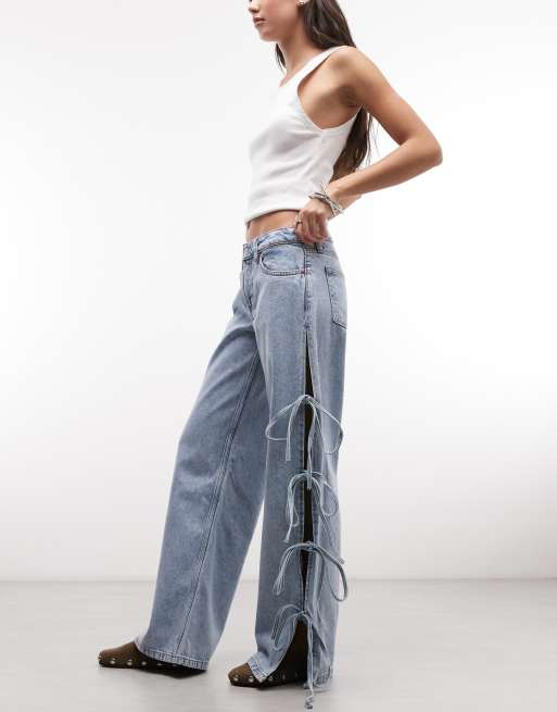 Monki low waist wide leg jeans with side tie bow detail in blue wash, 2 of 5