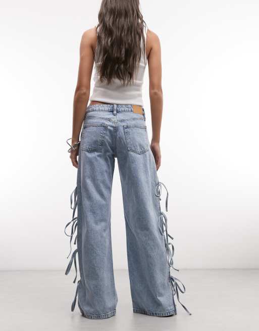 Monki low waist wide leg jeans with side tie bow detail in blue wash, 3 of 5