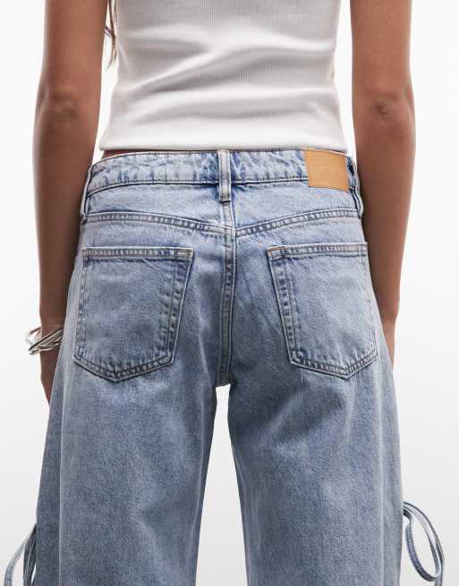 Monki low waist wide leg jeans with side tie bow detailing in blue wash, 4 of 5