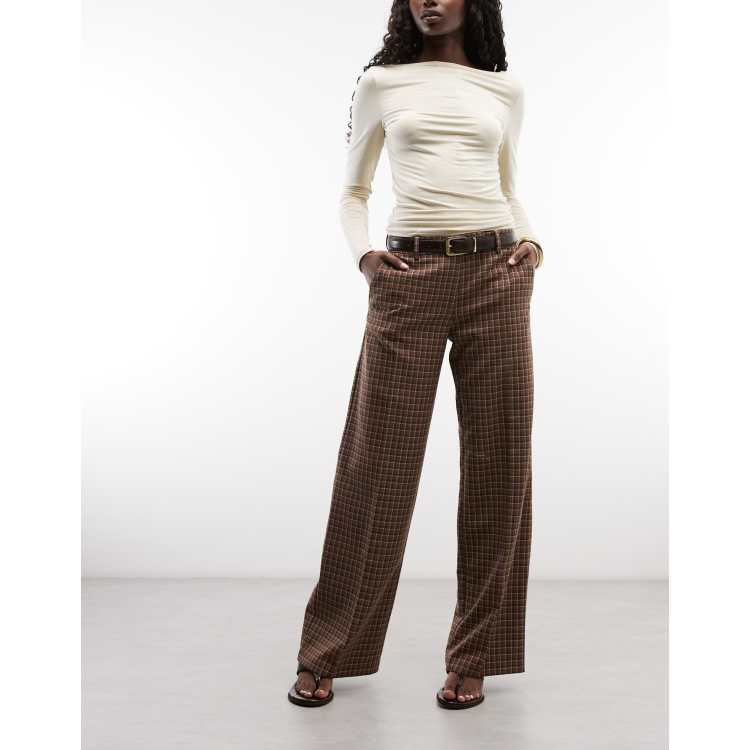 Monki low waist wide leg pants in tonal brown check | ASOS
