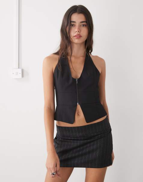 Monki low waisted tailored mini skirt in dark grey glitter pinstripe