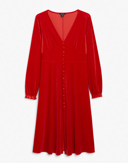 Monki Luisa Robe Mi Longue Manches Longues En Velours Rouge Asos
