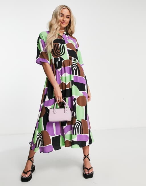 Monki – Luźna sukienka koszulowa midi w abstrakcyjny wzór