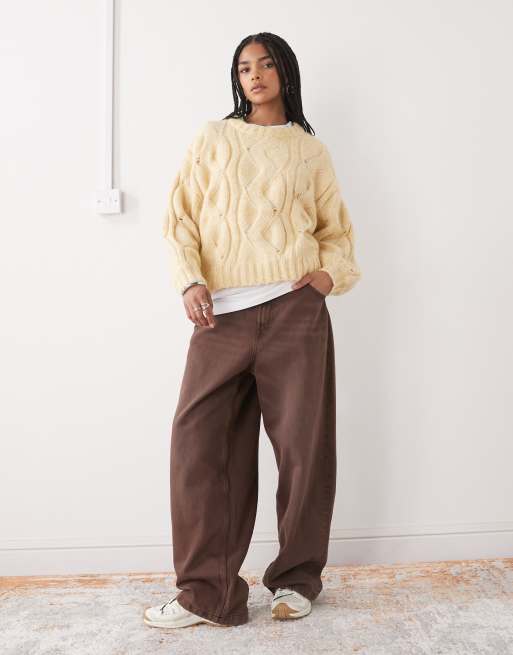 Monki - Lysegul kabelstrikket cropped trøje i firkantet pasform , 2 af 4
