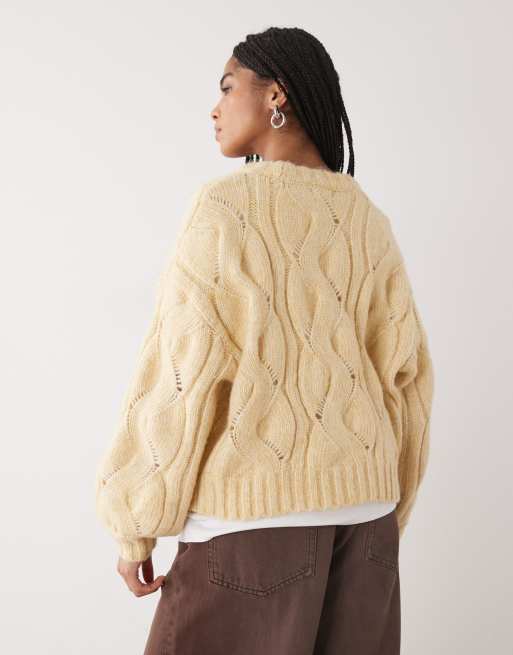 Monki - Lysegul kabelstrikket cropped trøje i firkantet pasform , 3 af 4
