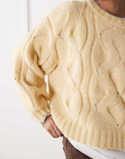 Monki - Lysegul kabelstrikket cropped trøje i firkantet pasform , 4 af 4