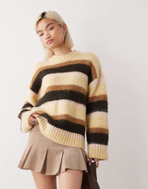 Monki - Lysegul og oversized trøje i lodden strik med striber - view 1