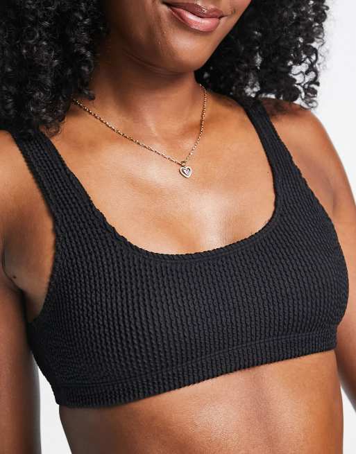 Monki Ma-Lis polyester rib texture crop bikini top in black 