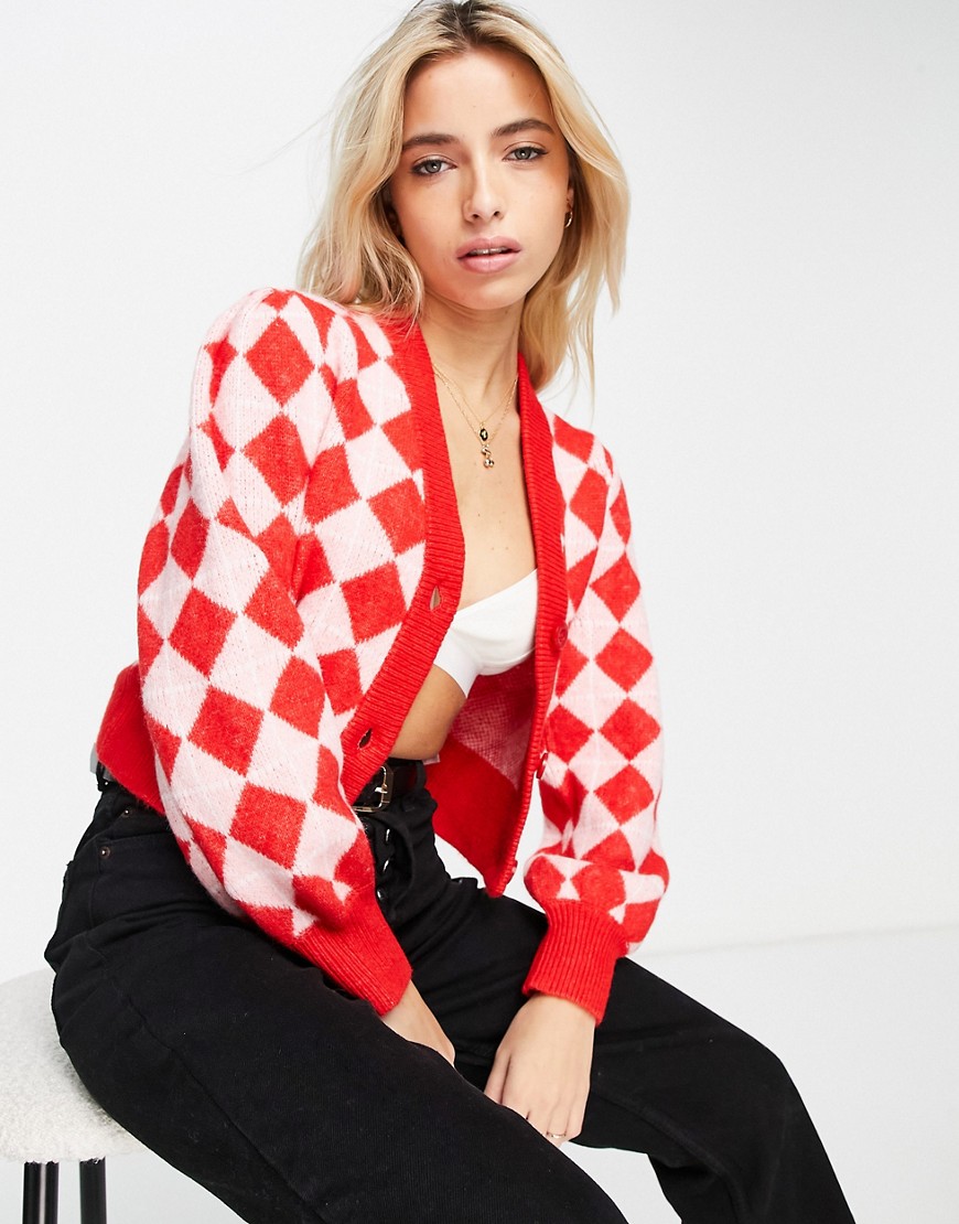 Monki Macey Check Cardigan In Red - Red