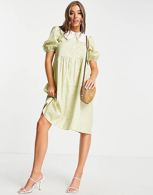 Monki Macy midi dress with collar detail in green floral print