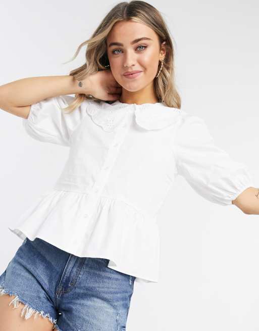 Monki Macy peplum blouse with collar in white | ASOS