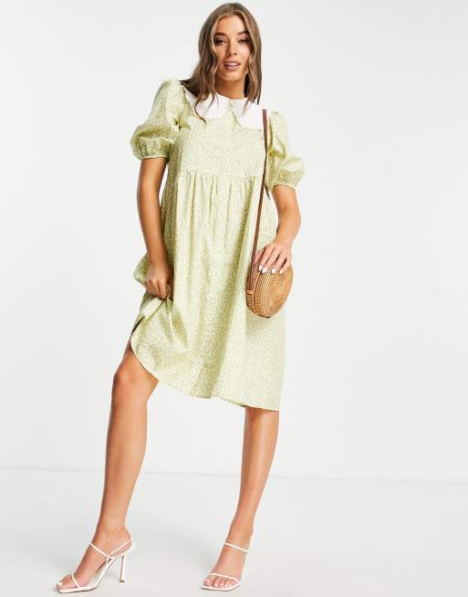 Monki – Macy – Zielona sukienka midi w kwiaty, z ozdobnym kołnierzem