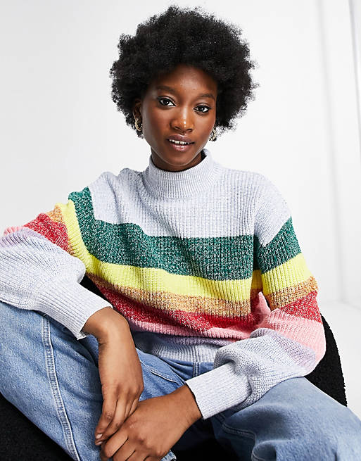 Monki Madga rainbow stripe knitted sweater in multi