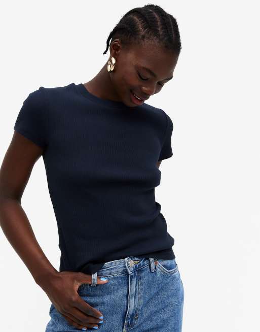 Monki Magdalena cotton ribbed t shirt in navy