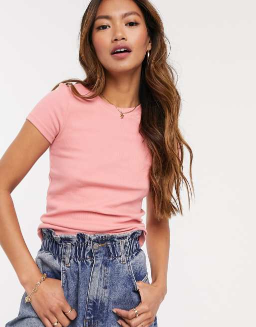 Monki Magdalena cotton ribbed t shirt in pink